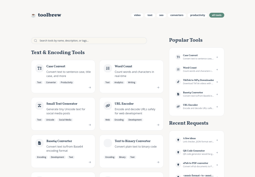 Cover thumbnail of "toolbrew - Free Online Utility Tools Library | Text, Video, SEO Tools"
